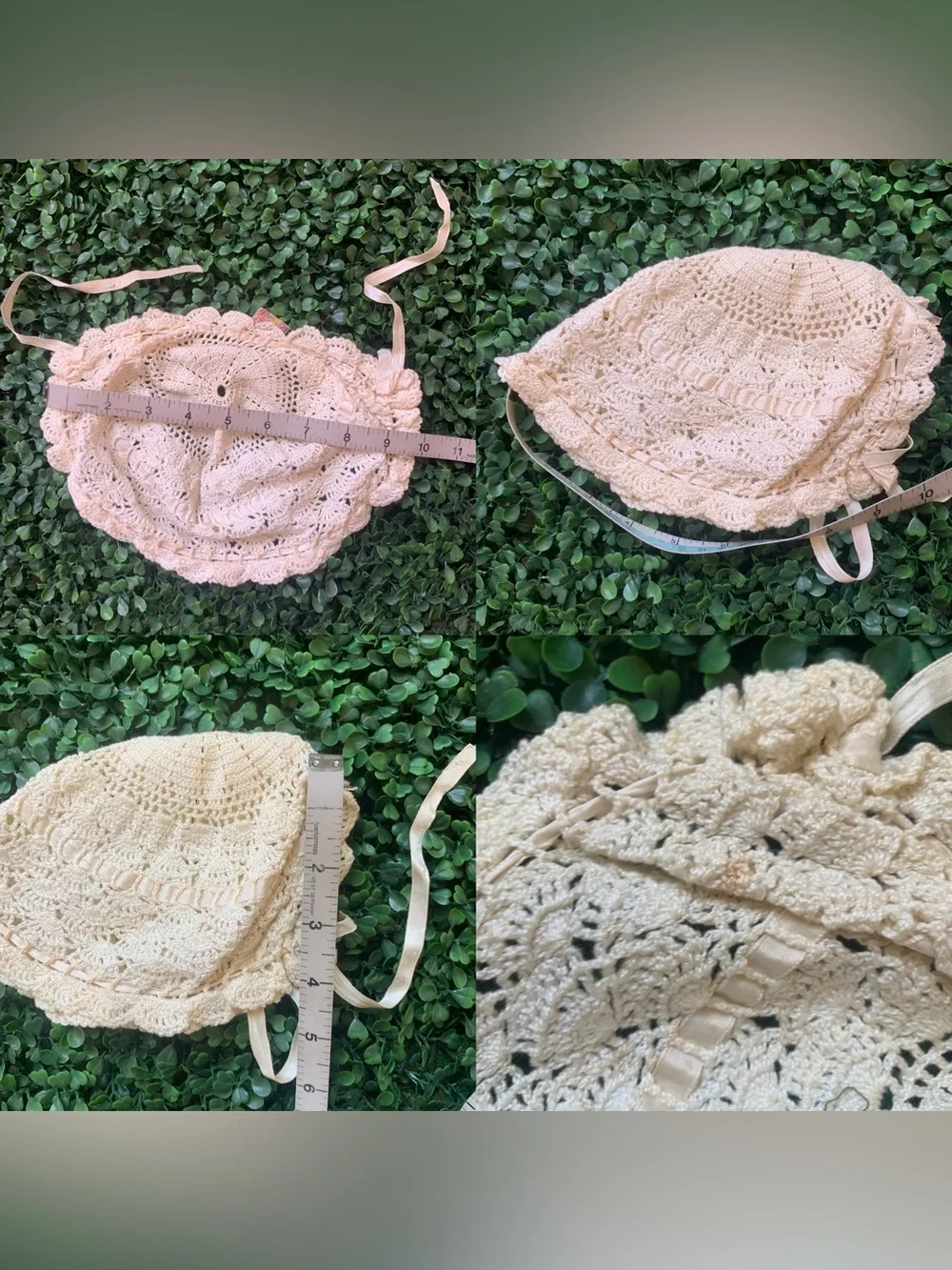 Antique handmade white cream infant baby bonnet bundle of 4